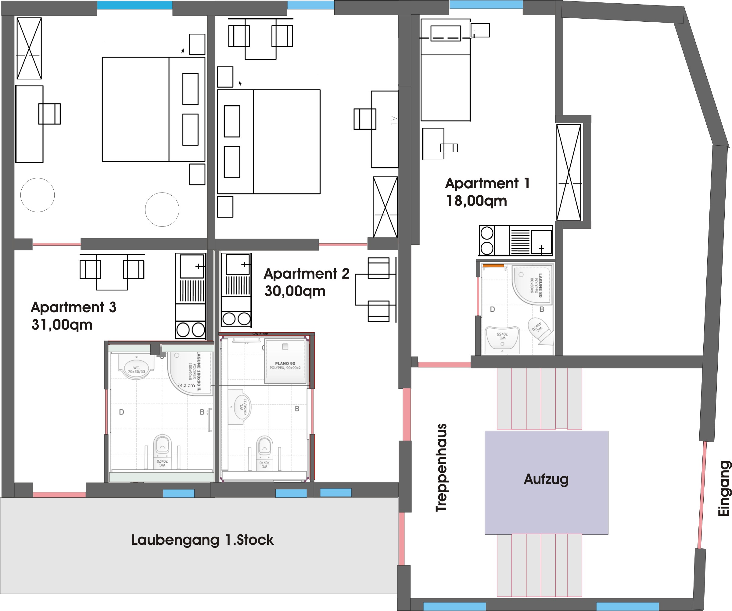 Grundriss 1.Etage Apartment 1 - 3