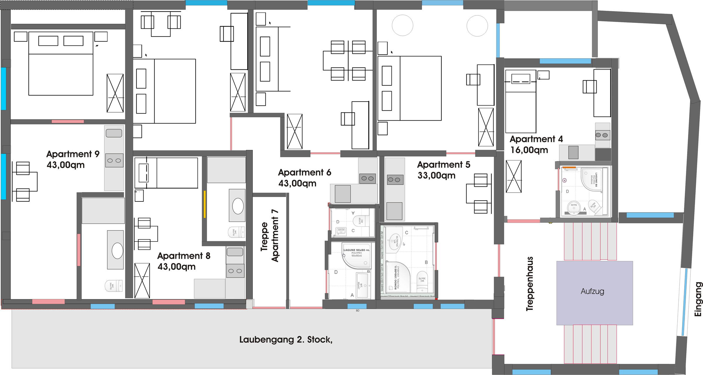 Aufteilungsplan 2.Etage: Apartment 4, 5, 6, 8, 9